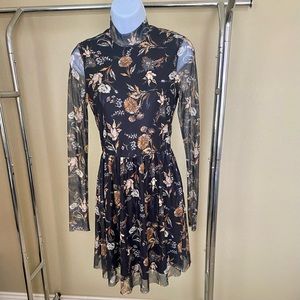 Altar’d State SMALL floral dress with sheer sleeves and mock neck.